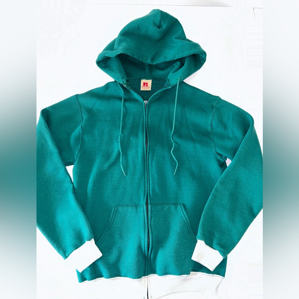VINTAGE‎ 70s Russell full zip sweatshirt hoodie green white colorway size MEDIUM